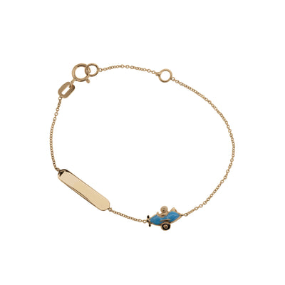 Children's Blue & Yellow Enamel Airplane ID Bracelet in 18K Yellow Gold