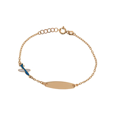 Children's Blue & White Enamel Airplane ID Bracelet in 18K Yellow Gold