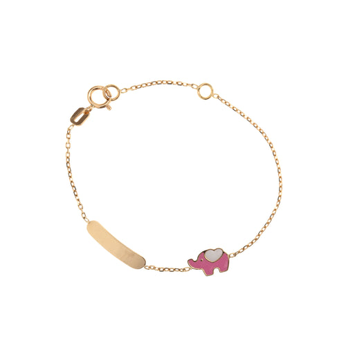 18K Yellow Gold Pink Elephant Engravable ID Bracelet