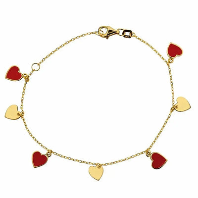 Youth's Alternating Gold & Red Enamel Hearts Dangle Bracelet in 18K Yellow Gold
