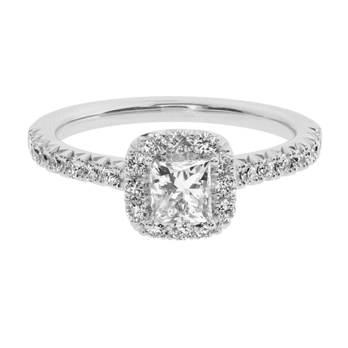 Pavé-Set Diamond Halo Cushion Center Engagement Ring in 14K White Gold, 1.22cttw