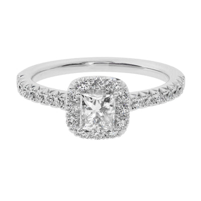 Diamond Halo Pavé-Set Princess Engagement Ring in 14K White Gold, 0.97cttw