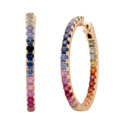 Rainbow Sapphire Hoop Earrings in 14K Yellow Gold