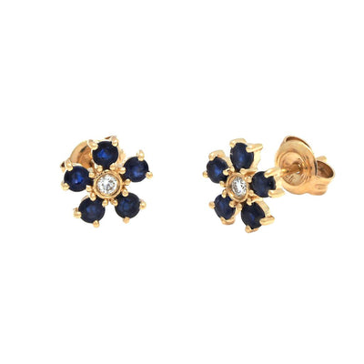 Sapphire and Diamond Flower Earrings in 14K Yellow Gold, 0.69 cttw