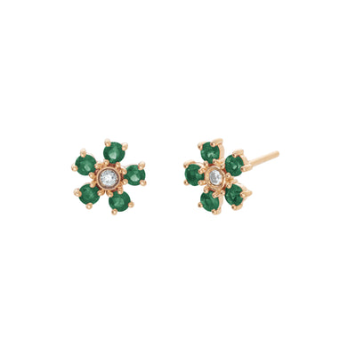 Emerald and Diamond Flower Stud Earrings in 14K Yellow Gold
