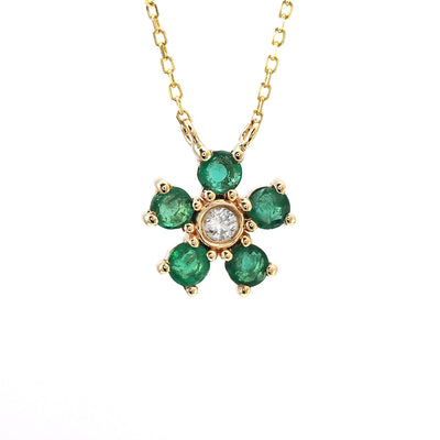 14K Yellow Gold Emerald and Diamond  Flower Necklace