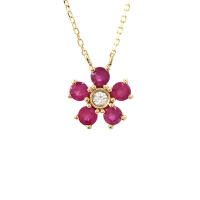 Ruby and Diamond Flower Necklace in 14K Yellow Gold