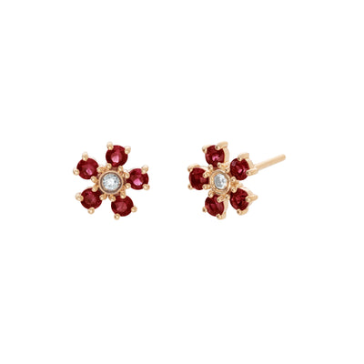 Garnet and Diamond Flower Stud Earrings in 14K Yellow Gold