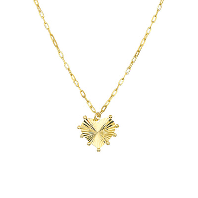 Bead-Trim Fluted Heart Medallion Necklace in 14K Yellow Gold