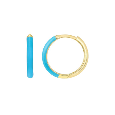 Enamel Polished Neon Blue Huggie Hoop Earrings in 14K Yellow Gold