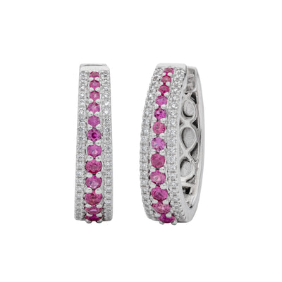 14K White Gold Ruby and Diamond Hoop Earrings