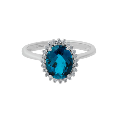 Diamond Halo London Blue Topaz Ring in 14K White Gold, 2.25cttw