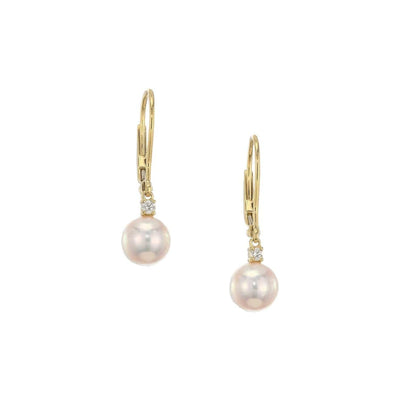 18K Yellow Gold 7MM Cultured Pearl Drop Earrings with Accent Diamond
