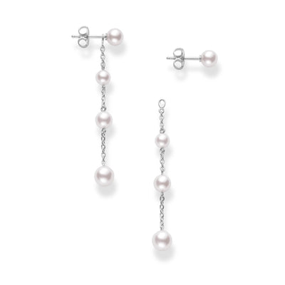 Akoya Pearl Stud Earrings with Removable Drop Three Pearl Chain in 18K White Gold