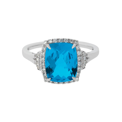 Diamond Halo Cushion Swiss Blue Topaz Ring in 14K White Gold, 3.78cttw