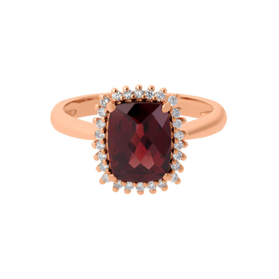 Diamond Halo Cushion-Cut Red Garnet Ring in 14K Rose Gold, 2.27cttw