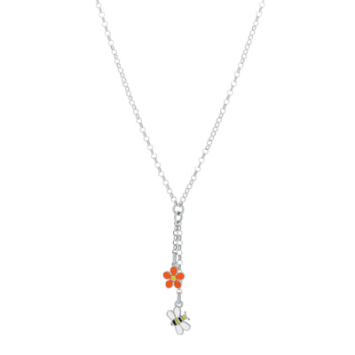 16" Orange Flower and Bee Charm Lariat Kids Necklace in Sterling Silver