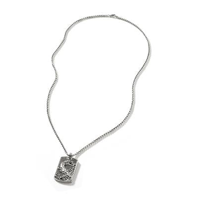 John Hardy Naga Silver Dog Tag Pendant on 2.7mm Box Chain Necklace.