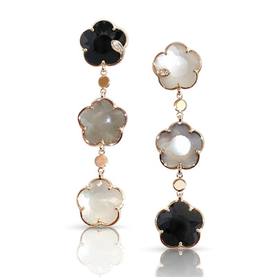 Grey, White Moonstone, and Black Onyx Drop Flower Earrings in 18K Rose Gold