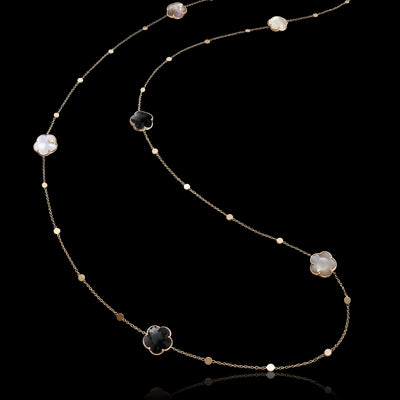 Petit Joli Bouquet Lunaire Sautoir Grey and White Moonstone, Black Onyx Stationed Flower Necklace in 18K Rose Gold, 22.51cttw