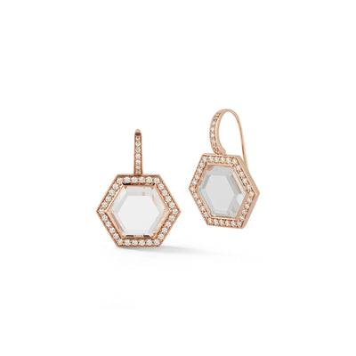 Bell Clear Rock Crystal Diamond-Lined Hexagon Drop Earrings in 18K Rose Gold, 1.02 cttw