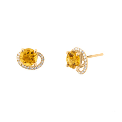 Round-Cut Citrine and Diamond Spiral Earrings in 14K Yellow Gold, 1.6 cttw