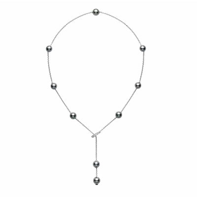 18K White Gold Stationed 8MM Pearl and Diamond Lariat Necklace