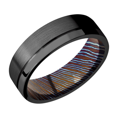 Men's Black Zirconium Flat Band with Titanium Damascus Steel Sleeve