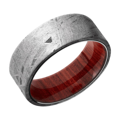 Men's Grey Meteorite Flat Band with Redheart Wood Sleeve