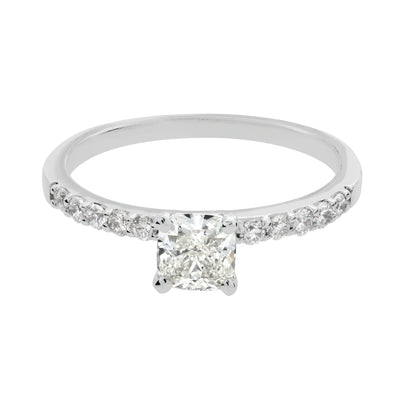 Pavé-Set Cushion Diamond Solitaire Engagement Ring in 14K White Gold, 0.90cttw