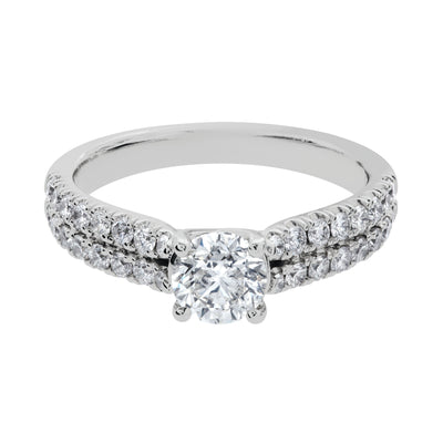 Pavé-Set Double Row Round Diamond Solitaire Engagement Ring in 14K White Gold, 1.22cttw