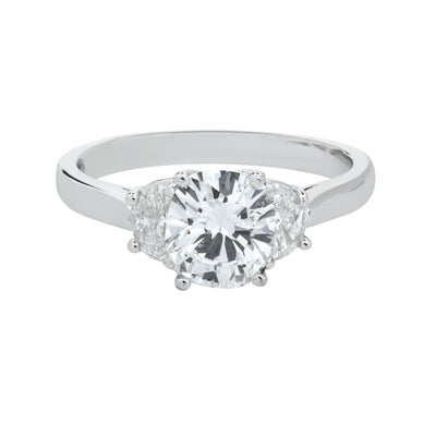 Two Half Moon and Cushion Diamond Center Engagement Ring in 18K White Gold, 1.60cttw