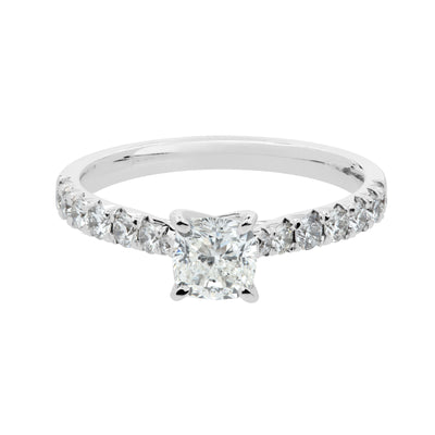 Pavé-Set Cushion Diamond Solitaire Engagement Ring in 14K White Gold, 1.12cttw