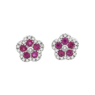 Ruby and Diamond Flower Motif Earrings