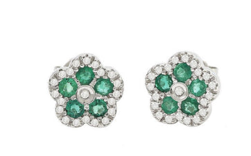 14K White Gold Emerald and Diamond Flower Earrings