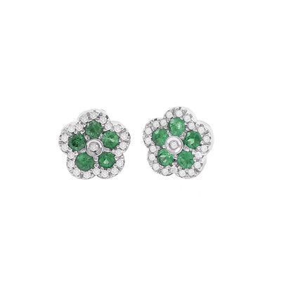 14K White Gold Emerald and Diamond Flower Earrings