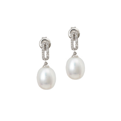 Cultured Pearl Drop Earrings with Open Oval Diamond Studs in 14K White Gold