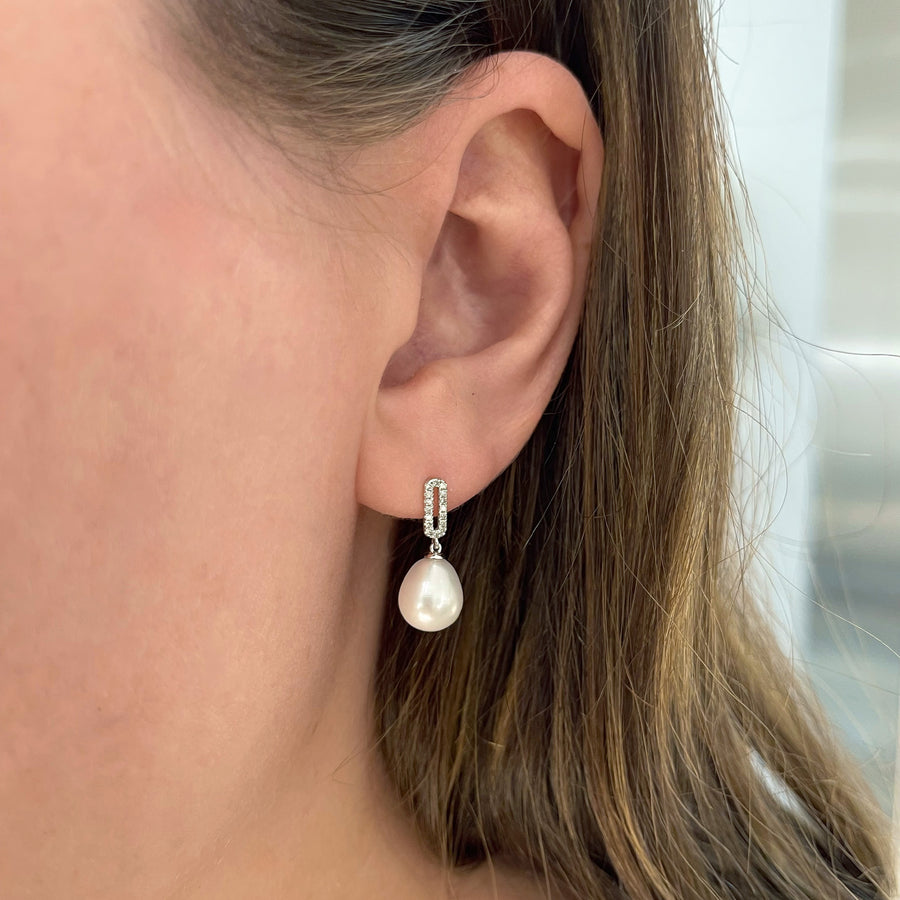 14K White Gold Diamond and Cultured Pearl Drop Earrings