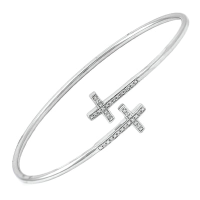 Double Diamond Cross Bangle Bracelet in Sterling Silver