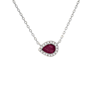 Pear Ruby with Diamond Halo Stationed Pendant Necklace in 14K White Gold