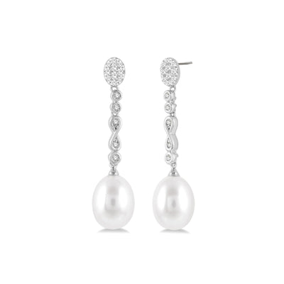 Oval Pearl Diamond Drop Earrings in 14K White Gold