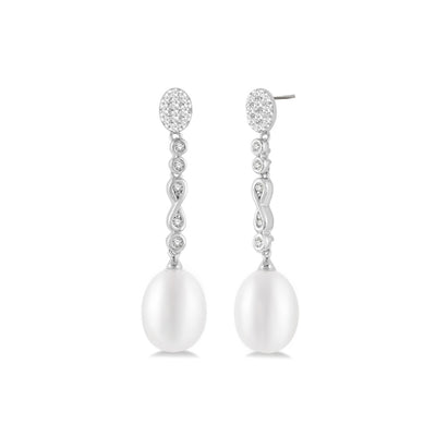 Oval Pearl Diamond Drop Earrings in 14K White Gold