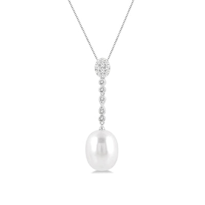 18" Drop Oval Pearl Diamond Accented Necklace in 14K White Gold