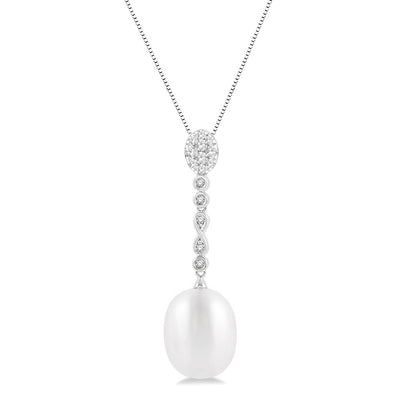 14K White Gold Oval Pearl and Diamond Drop Pendant Necklace