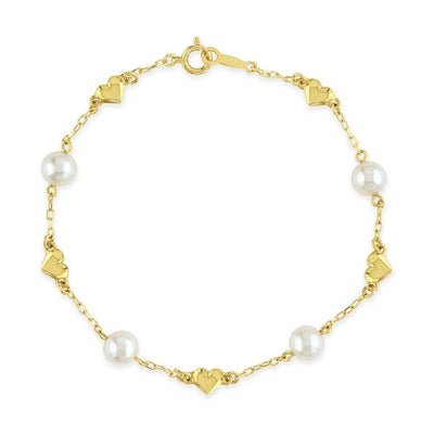 7" Estate Mikimoto Pearl and Heart Bracelet in 18K Yellow Gold
