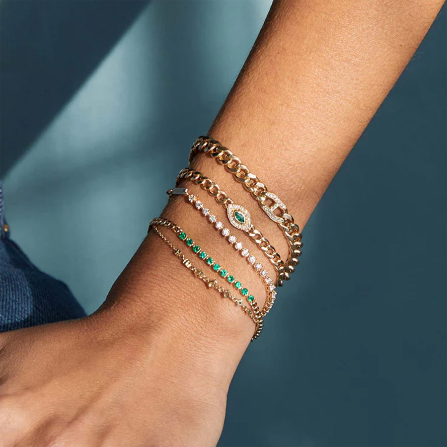 Diamond and Marquise Emerald Accent Chain Link Bracelet in 14K Yellow Gold