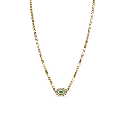 14K Yellow Gold Diamond and Emerald Evil Eye Necklace