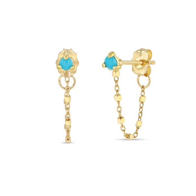 Turquoise Stud Earring with Drop Huggie Chain Earrings in 14K Yellow Gold