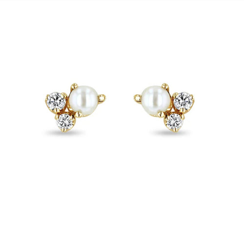 Cultured Pearl and Cluster Diamond Stud Earrings in 14K Yellow Gold