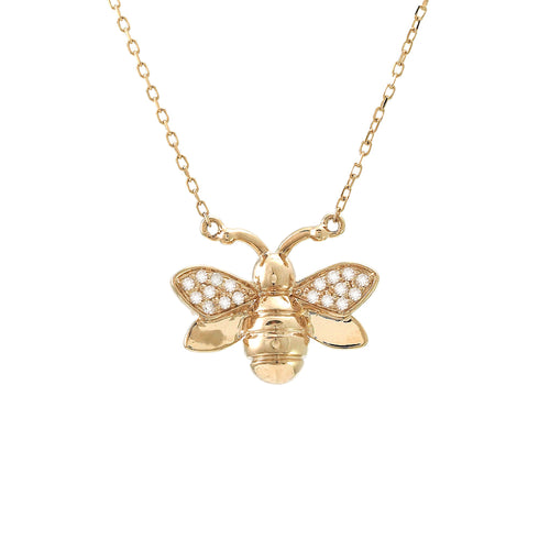 Stationed Bumble Bee with Pave Diamond 18IN Necklace in 14K Yellow Gold